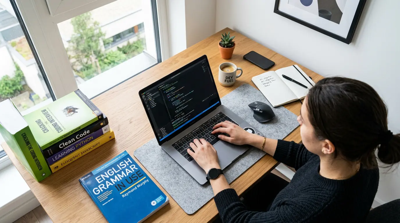 Person coding with language book
