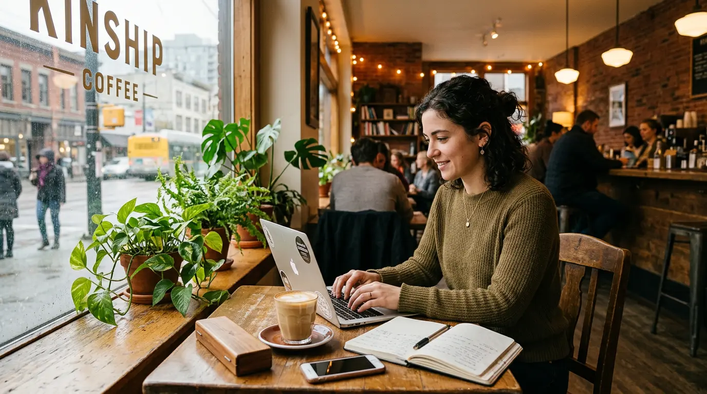 Person working creatively in cafe